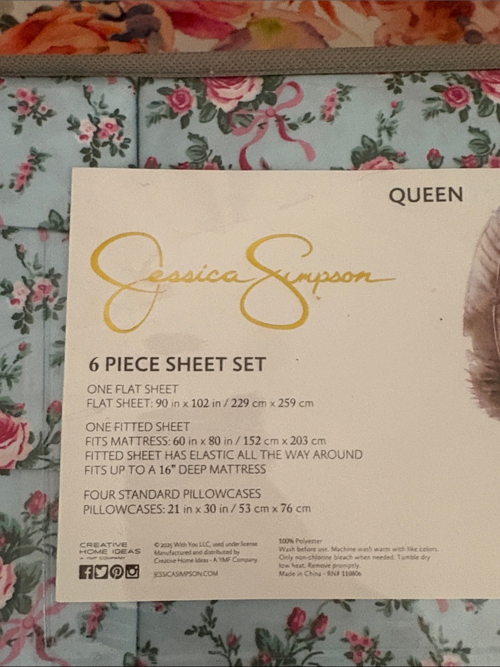 Jessica Simpson Rose Ribbon Print Sheet Set - Light Blue & Pink - Picture 3 of 4
